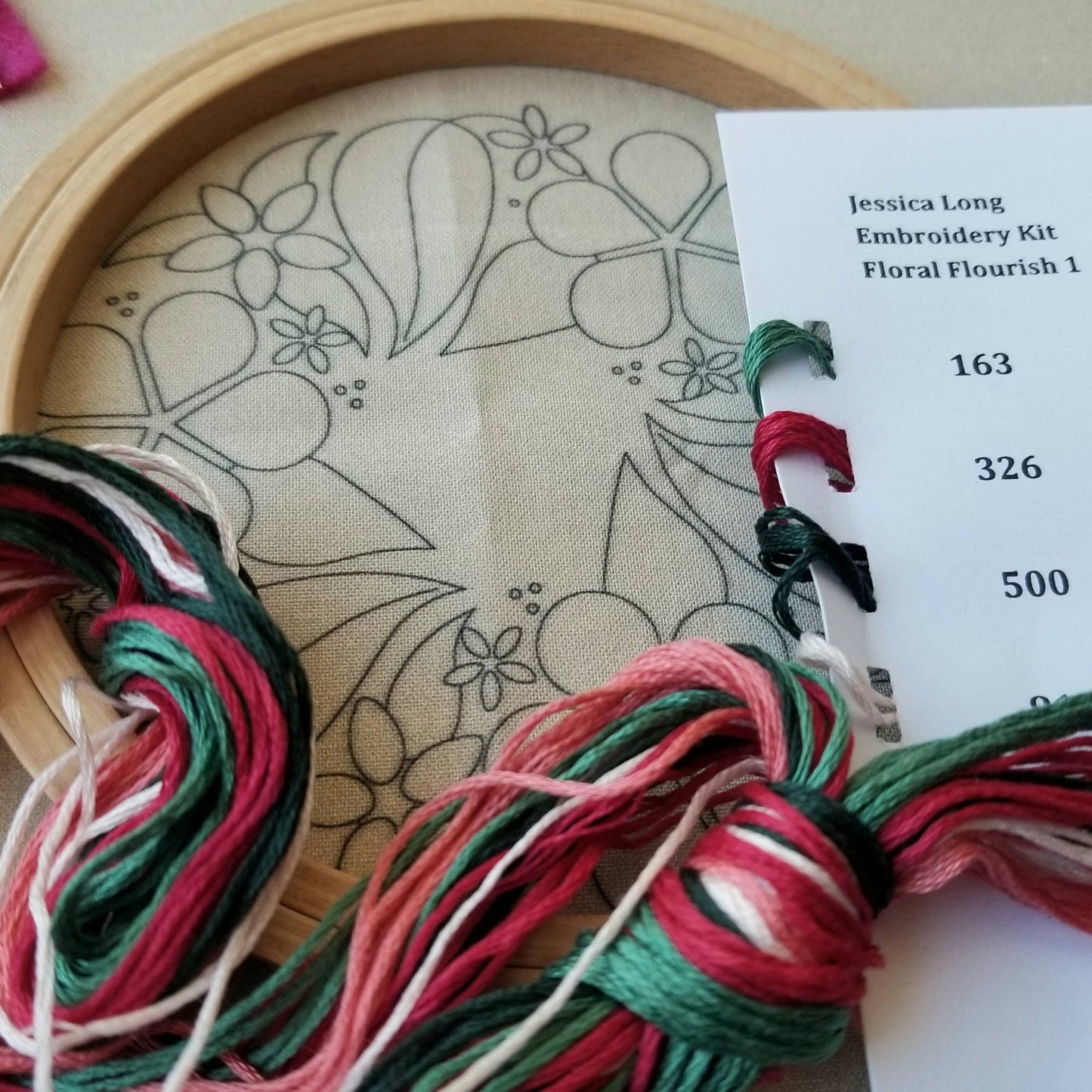 Floral Flourish Beginner Embroidery Kit: Light taupe fabric