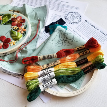 Floral Flourish Beginner Embroidery Kit: Light taupe fabric