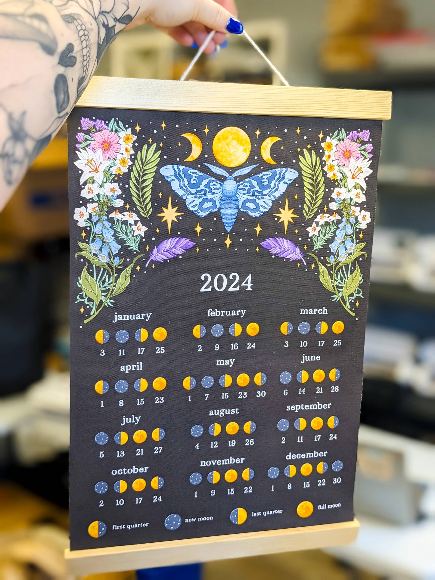 2024 Blue Moth Floral Lunar Canvas Tapestry Calendar
