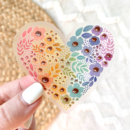 Clear Rainbow Floral Heart Sticker 2.75x3in