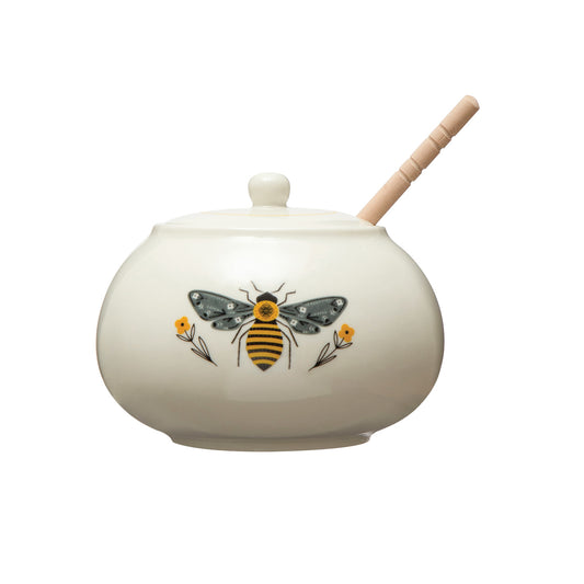 Honey Pot w/ Wood Honey Dipper & Bee